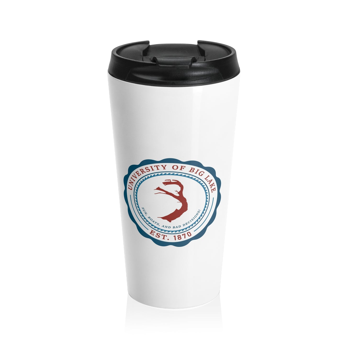 University of Big Lake Stainless Steel Travel Mug – Retro Campus Seal, Insulated Coffee Tumbler