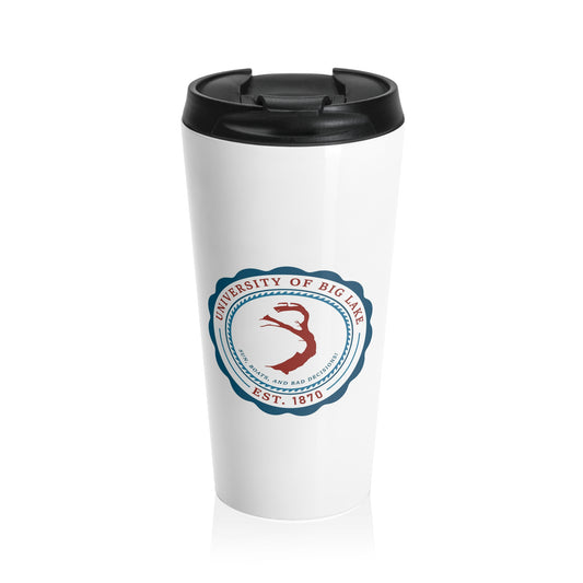 University of Big Lake Stainless Steel Travel Mug – Retro Campus Seal, Insulated Coffee Tumbler